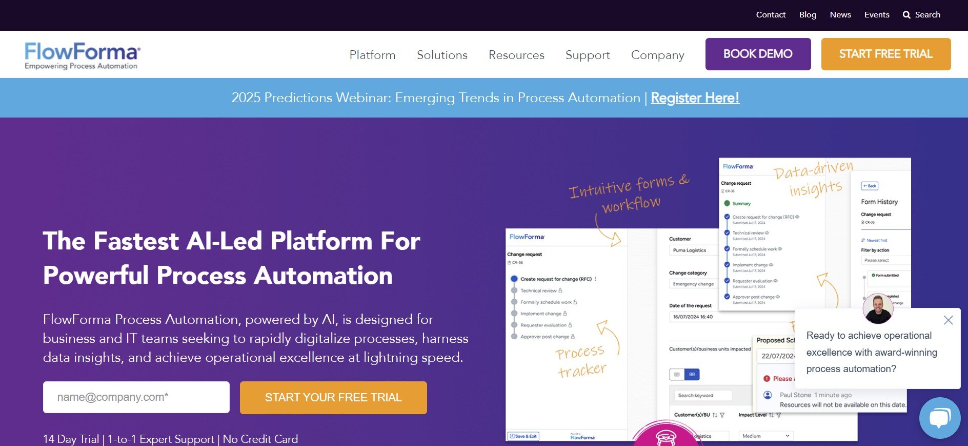 Screenshot of FlowForma's AI process automation platform, showcasing workflow tracking and no-code process builder.