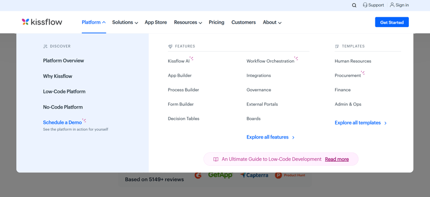 Kissflow homepage showing AI powered workflow automation tools for seamless business processes