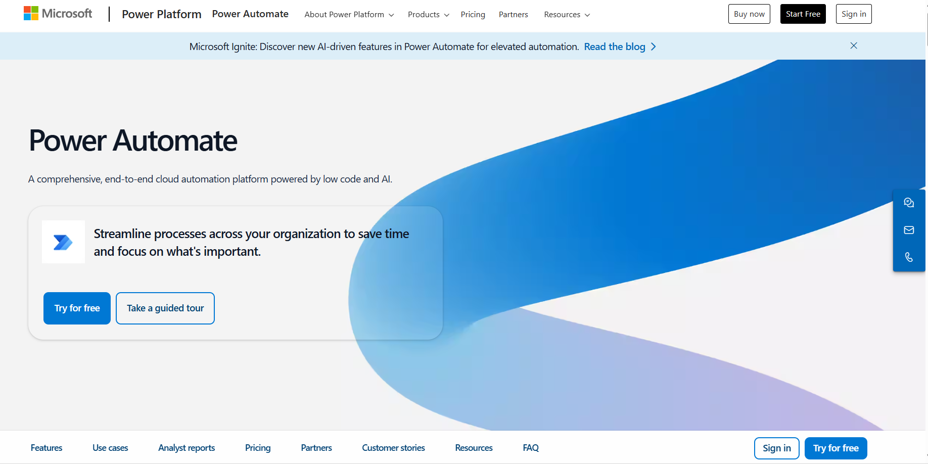 creenshot of Microsoft Power Automate's homepage, promoting AI-driven automation and cloud-based workflow management.