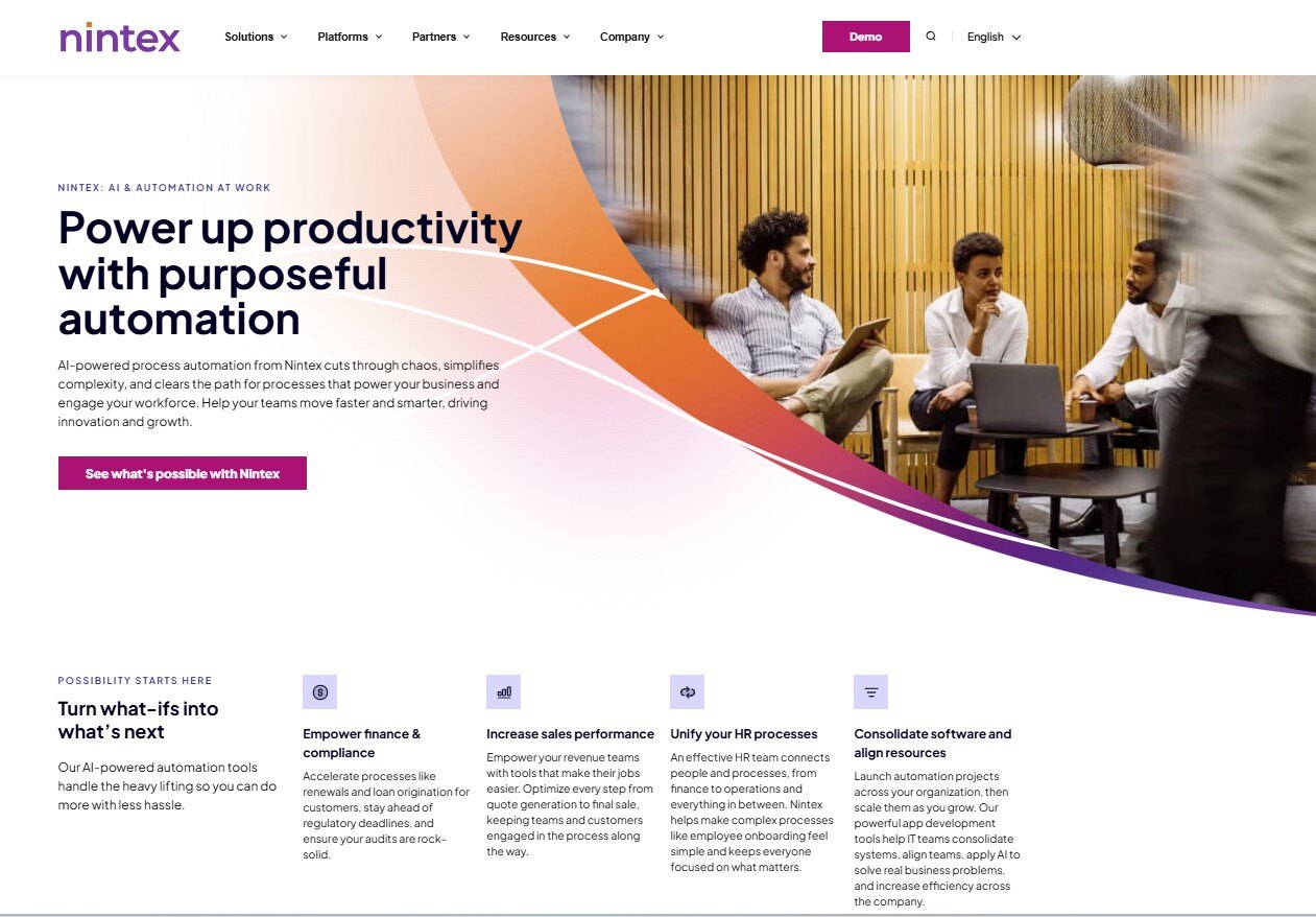 Nintex’s home page listing out its key capabilities