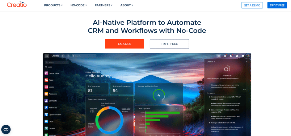 Creatio homepage featuring workflow automation AI tools and CRM solutions for businesses