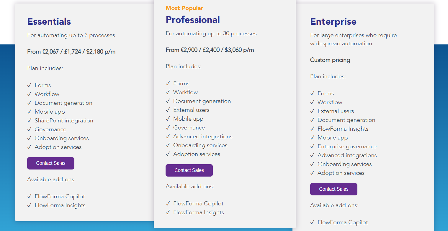 A Screenshot FlowForma's pricing page