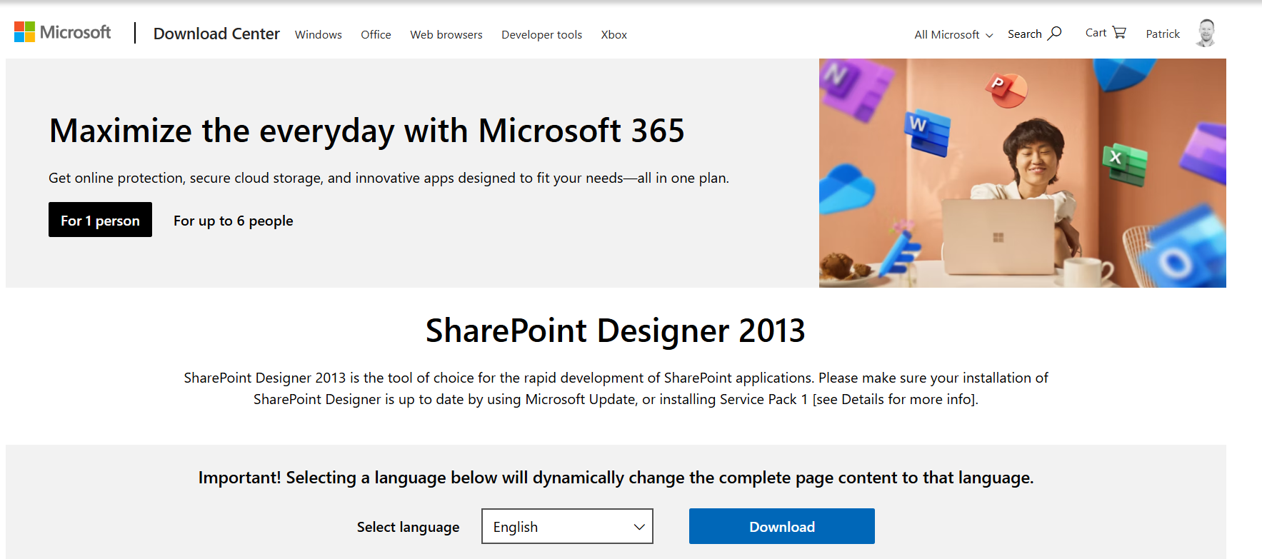 napshot from the download page for SharePoint Designer